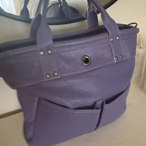LEVENGER ST. TROPEZ DOUBLE POCKETS TWO WAY CROSSBODY BLUEish/  purple Tote EUC - Picture 5 of 14
